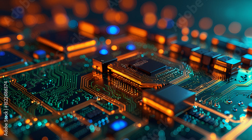 Printed circuit board futuristic server. Circuit board futuristic server code processing. Orange, green, blue technology background with bokeh. 3D Rendering,generative.ai