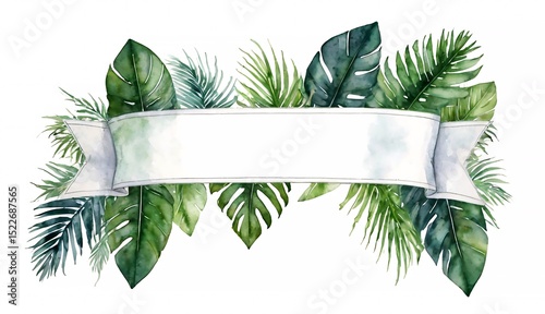 Watercolor banner with lush of tropical leaves isolated on white background.