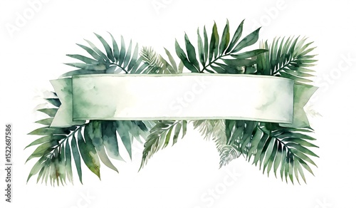 Watercolor banner with lush of tropical leaves isolated on white background.