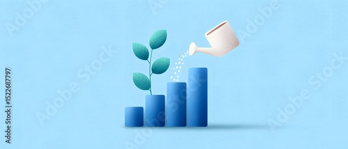 A plant and a rising bar graph are watered by a can, symbolizing growth, nurturing, and progress on a blue background.