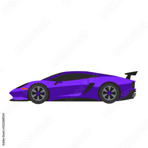 Vector illustration of a sleek purple sports car in side view with aerodynamic design and black details. Ideal for automotive themes, racing graphics, or car icons