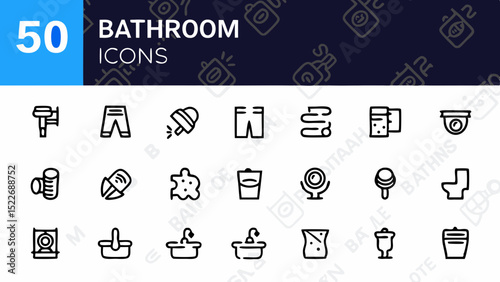 Collection of fifty bathroom icons featuring fixtures, amenities, and decorative elements in a simple line style created with generated ai