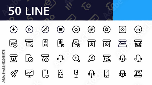 Illustration of fifty line icons showcasing various interface and application functions in a grid format created with generated ai