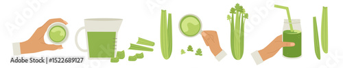 Celery set landscape. Hand with juice in glasses, view from different sides, bunches, chopped stems, leaves, decanter.