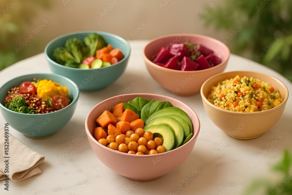 Vibrant Vegan Dishes On Marble Tabletop With Lush Greenery