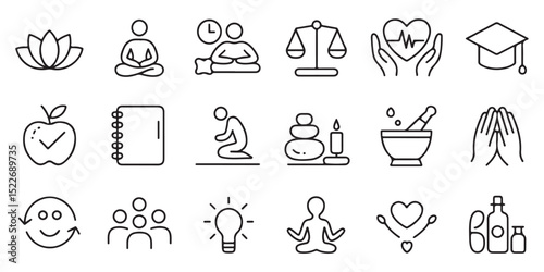 Collection of health and wellness icons depicting balance and healthy living