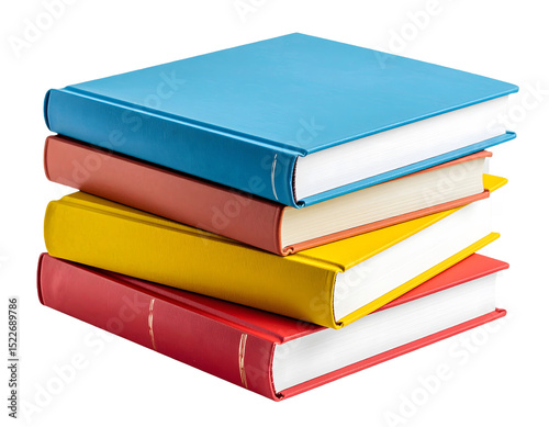 Stack of colorful hardcover books on a transparent background perfect for education, reading, or literature projects.