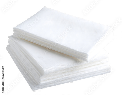Stacks of pristine white paper napkins ready for use at a restaurant or event. Perfect for clean dining or party supplies.