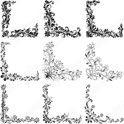 floral, corner, design, frame, border, vine, leaves, grapes, black, white, elegant, decorative, ornamental, vintage, swirl, scroll, pattern, illustration, vector, clipart, background, template, 