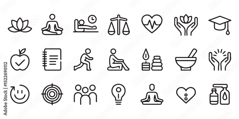 Collection of line art icons representing wellness health mindfulness and self care Collection of line art icons representing wellness health mindfulness and self care