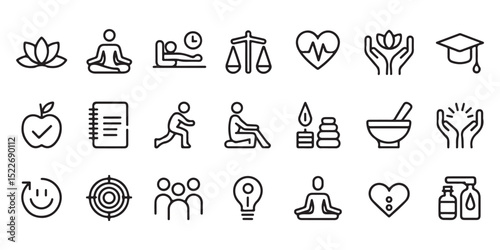 Collection of line art icons representing wellness health mindfulness and self care