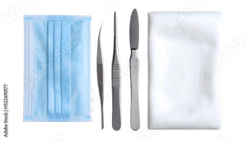 Medical supplies: sterile cloth, surgical tools, and face mask on transparent background