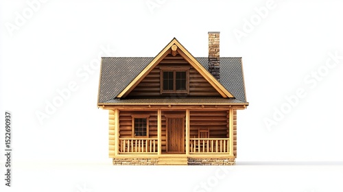 A charming, rustic log cabin with a gabled roof, stone foundation, covered porch, and chimney, isolated on a white background