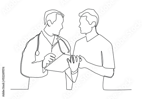 One continuous line drawing of young male doctor giving consultation session to male patient while reading medical record.