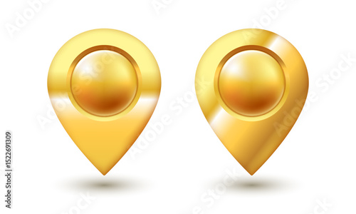 Golden map pin. Vector 3D clipart isolated on white background.