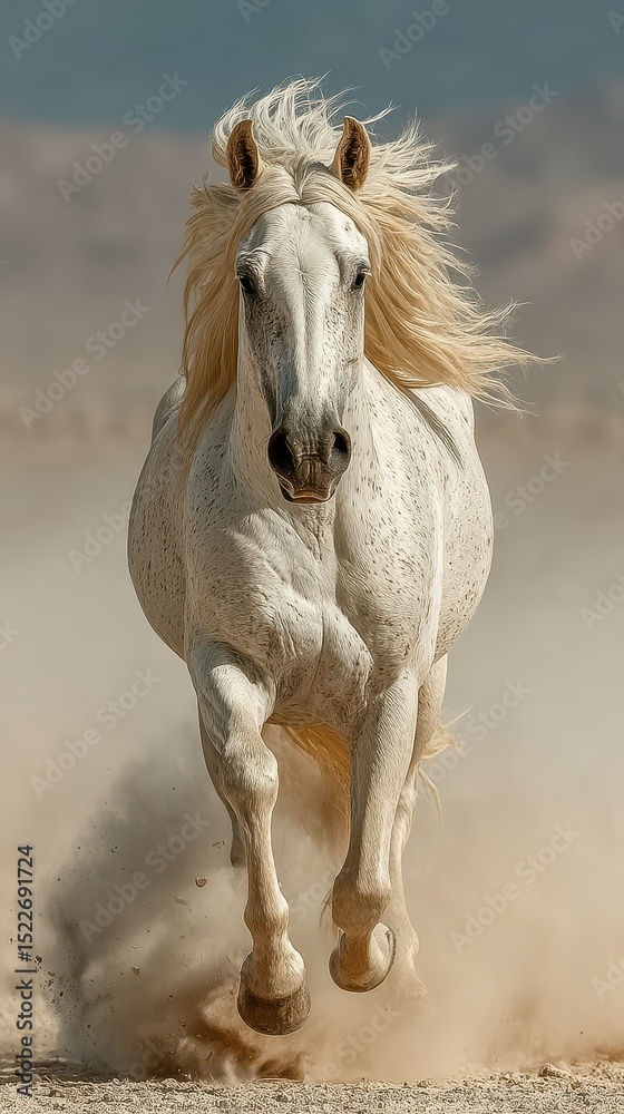 Obraz premium Majestic white horse galloping through dusty terrain under a clear sky in a breathtaking display of power and grace