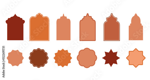 Islamic round frame, brown shape, design template, vector flat illustration. Collection of oriental style arab windows and arches in boho style
