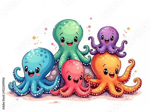 Cute octopus cartoon characters isolated on white background. Kids print, holiday background.