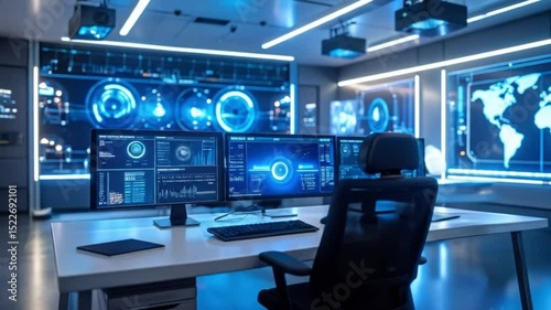 Modern Command Center - A Futuristic Hub of Technology and Data Analysis. Modern command center bathed in blue light, showcasing advanced technology and data analysis.