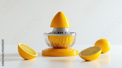 A vibrant yellow citrus juicer sits on a white surface, flanked by two lemon halves and a whole lemon, ready for juicing. The design is retro-modern, combining a conical top with a transparent bowl