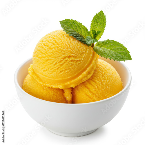 Three mango ice cream scoops with mint leaves in a white cup, isolated on a white background.