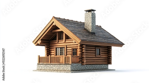 A charming, rustic log cabin with a steeply pitched, dark-grey shingled roof, stone chimney, small balcony, and stone foundation, rendered in 3D against a white background