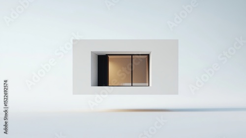 A minimalist digital rendering depicts a floating, square, white structure featuring a recessed window with a dark frame and warm interior light.  The background is a clean, bright white