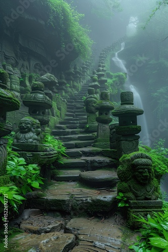 A mystical mountain path leading to a hidden temple, with ancient stone statues and a cascading waterfall that sparkles with otherworldly energy. 