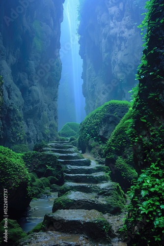 A mystical mountain path leading to a hidden temple, with ancient stone statues and a cascading waterfall that sparkles with otherworldly energy. 