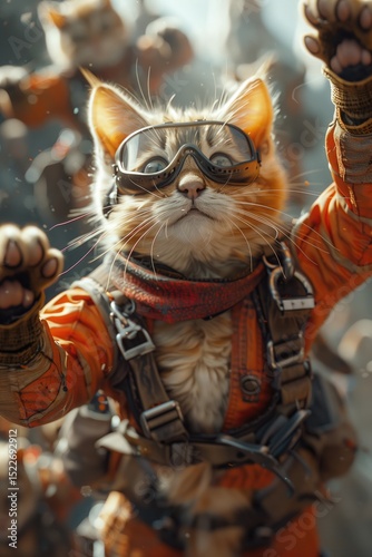 a photograph of a squad of cats acting like human solders, dressed in combat skydiving gear, ready to jump into a battle  