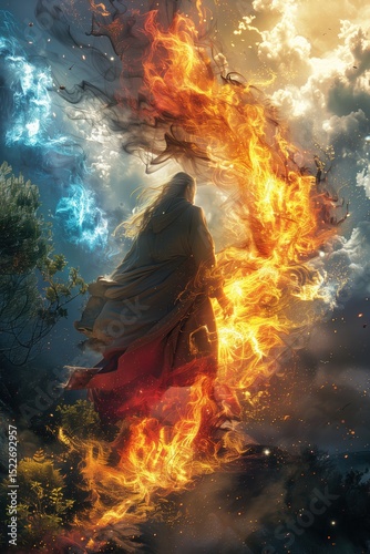 A spiritual monk mastering the elements, with fire, water, earth, and air swirling around him in a fantastical landscape  
