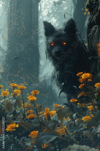 An ancient shrine deep in the forest, guarded by ethereal fox spirits with glowing eyes and surrounded by mystical, blooming flowers. 