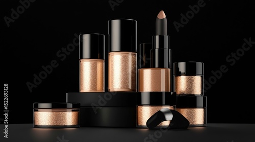 A stylish arrangement of bronze and black cosmetic containers, including powders, eyeshadows, and a lip crayon, displayed on black circular platforms against a stark black background
