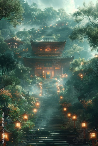 An ancient shrine deep in the forest, guarded by ethereal fox spirits with glowing eyes and surrounded by mystical, blooming flowers. 