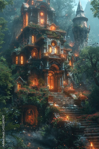 An ancient shrine deep in the forest, guarded by ethereal fox spirits with glowing eyes and surrounded by mystical, blooming flowers.