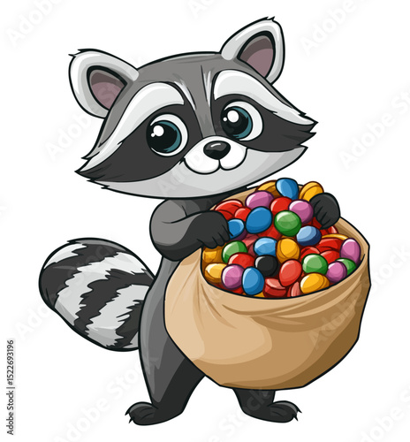 Cute raccoon carrying a large bag of candy, in the style of a clipart illustration with a white background