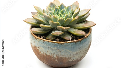 A bluish-green succulent, rosette-shaped, sits in a rustic, mottled brown and blue ceramic pot against a stark white backdrop.  The succulent shows hints of reddish-brown on its outer leaves