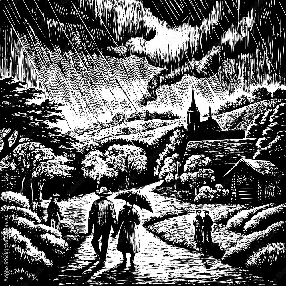 Fototapeta premium Rain Engraving Art Vector in Vintage Etching Style