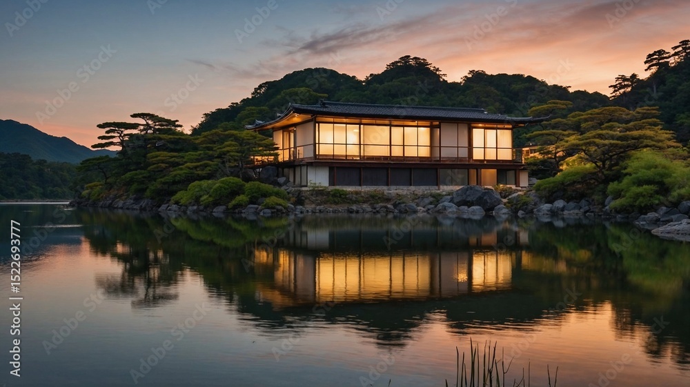 Fototapeta premium A scenic riverside with a wooden Japanese house in snow-capped hills, sunset with soft golden light and romantic tone