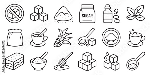 Collection of sugar ingredients and sweetener icons in simple black and white outlines