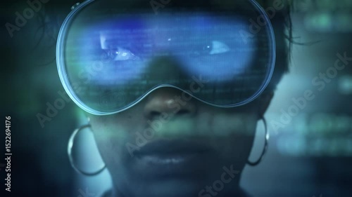 Young African American Developer Immersed In Virtual Environment Using Smart AR Glasses To Debug Code And Monitor Program Activity In Real-Time. Software Engineer Wearing Headset.