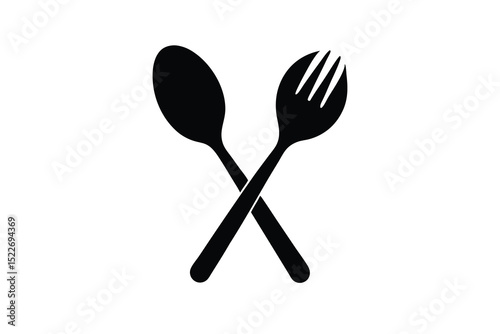 Black and white image of crossed spoon and fork on a white background