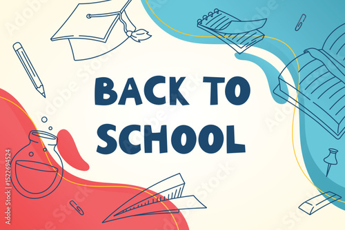 Colorful flat vector Back to School banner with line art education icons and vibrant red and blue abstract shapes. Ideal for posters, promotions, classroom decor, web, and kids learning materials.