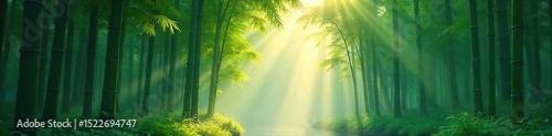 Serene bamboo forest bathed in morning mist, sunlight filtering through leaves, creating a peaceful and tranquil atmosphere Perfect for meditation, relaxation, and nature themes , clean, tranquil