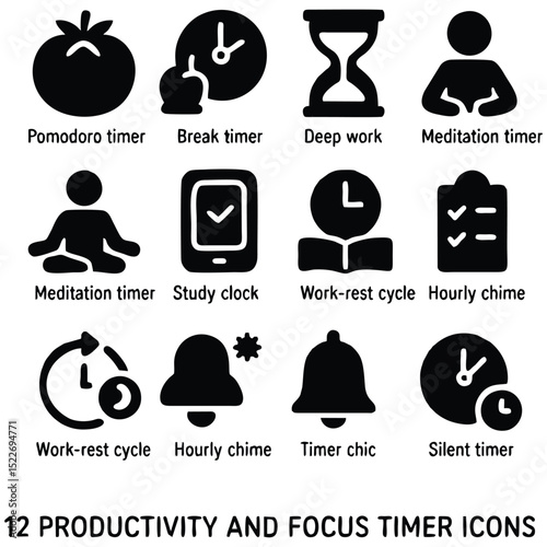 Focus & Productivity Timer Icons – Black Solid Vector Pack