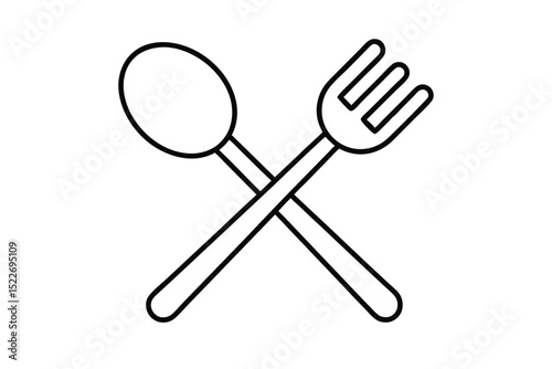 A simple black and white line drawing of a crossed spoon and fork