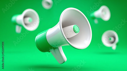 Many white megaphones fall on a green background