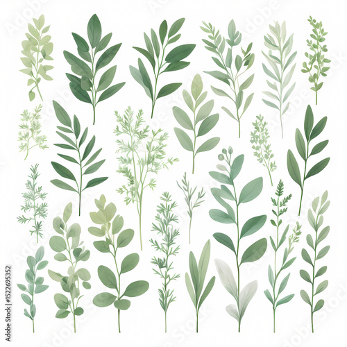 Wallpaper Mural Minimalist square illustration of green herbs and leaves with clean lines and soft pastel colors on white background, ideal for botanical prints, branding, packaging, and nature-inspired designs Torontodigital.ca