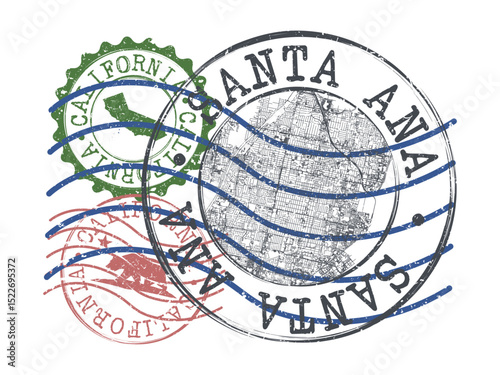Santa Ana, California Stamp Map Postal. Passport Round Design. Silhouette Seal Roads and Streets. 