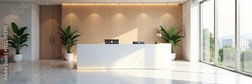 Modern minimalist reception desk in a bright, airy office space Perfect for corporate, business, and professional settings Clean lines and sleek design , front desk, corporate office